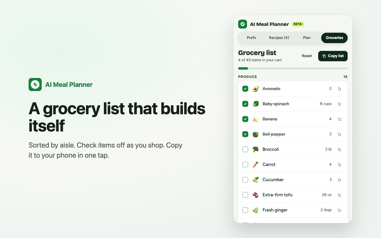 Grocery list sorted by aisle with checkboxes