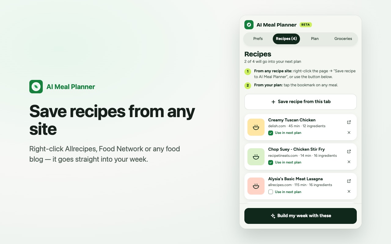 Recipes saved from websites and from the plan