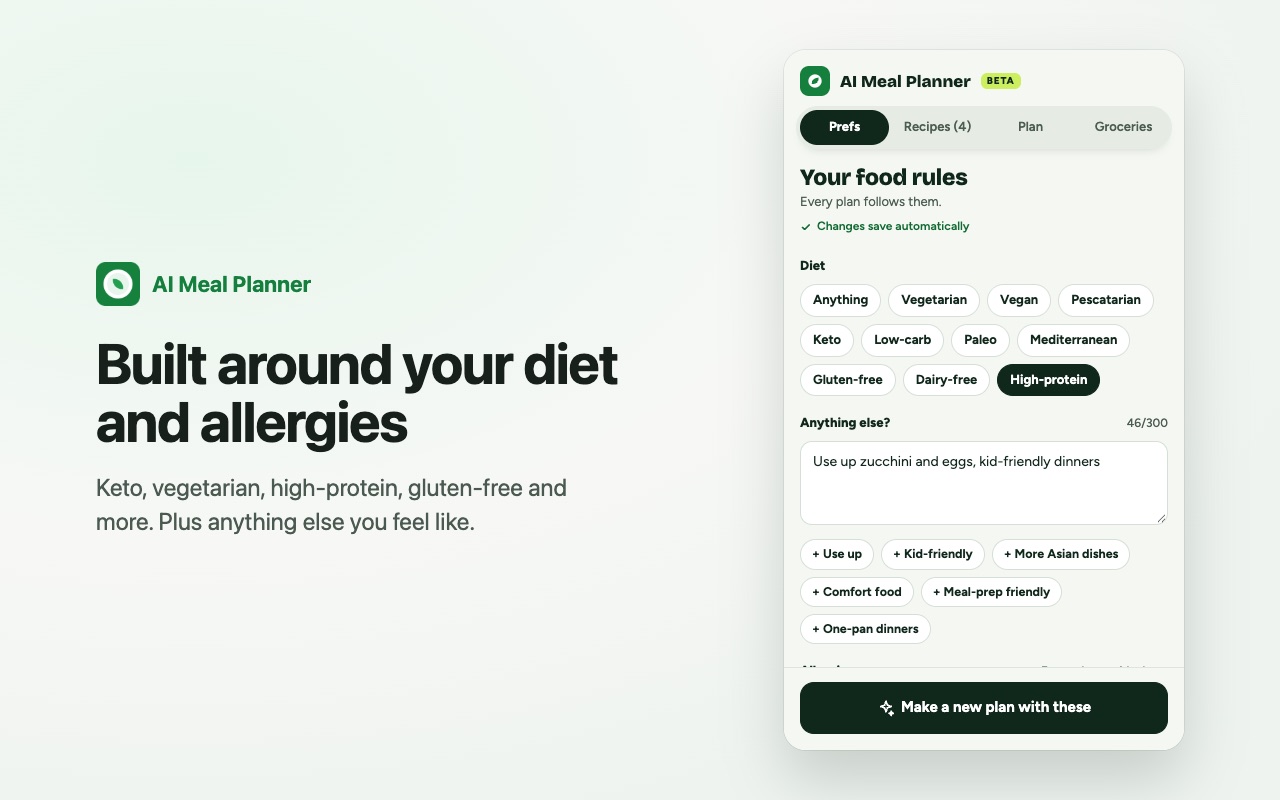 Diet, allergies and free-text wishes settings